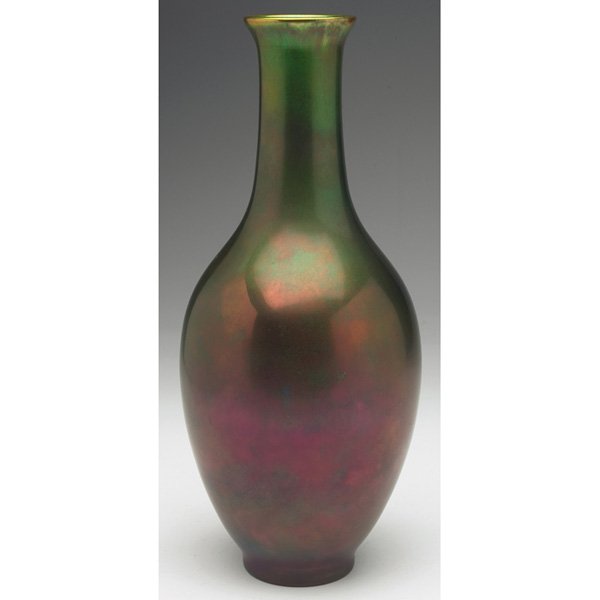 Zsolnay vase: Zsolnay vase, bulbous shape, covered in a green and purple glaze with nice overall iridescence, marked, 4.5"w x 10.5"h