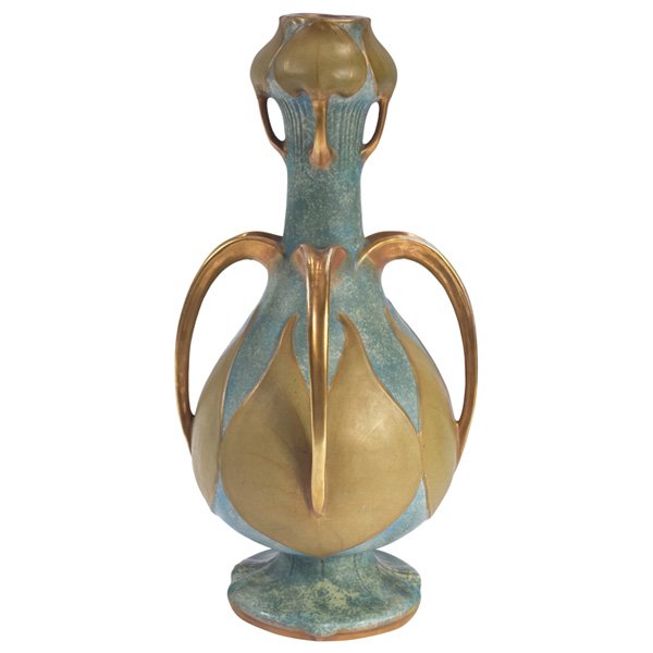 Amphora Water Lily vase, Paul Dachsel: Amphora Water Lily vase, probably designed by Paul Dachsel, four-handled form, marked, #3942, a similar vase is pictured in House of Amphora, by R. Scott, p. 141, 8.5"w x 17"h