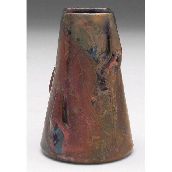 Clement Massier vase, four-handled shape: Clement Massier vase, four-handled shape with leaf designs, covered in a metallic glaze, signed, 2"w x 3"h