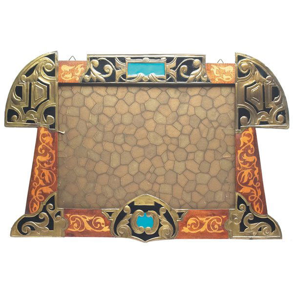 Alfred Daguet frame, attribution, large wooden for: Alfred Daguet frame, attribution, large wooden form with inlaid organic designs, applied brass with repousse and enameled designs, original patina, possible hidden signature in design at each top corn