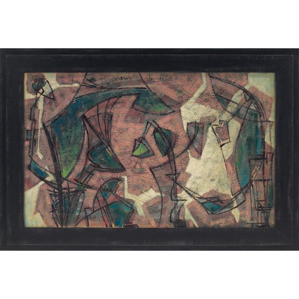 Ted Powell "Untitled," c. 1970, oil on board: Ted Powell (American, 20th century) "Untitled," c. 1970, oil on board, 24" x 38.5", signed lower right, framed