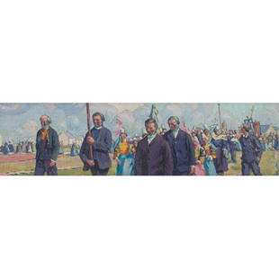Andre Leveille "The Procession," c. 1920, oil on: Andre Leveille (French, 1880-1963) "The Procession," c. 1920, oil on canvas, 9.5" x 34.5", signed lower left, acquired by the current owner from David Dike Fine Art, framed