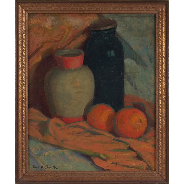Paul Kauvar Smith ) "Still Life with Oranges," c.: Paul Kauvar Smith (American, 1893-1973) "Still Life with Oranges," c. 1950, oil on artist board, 15" x 12", signed lower left, framed