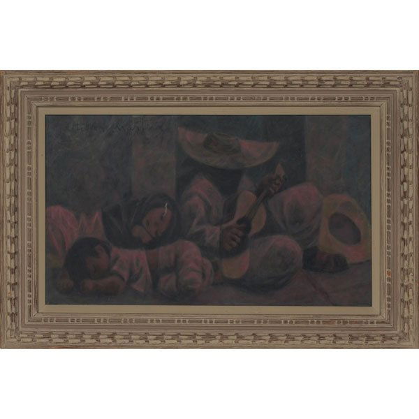 Fletcher Martin "Man with Guitar," 1957, oil on ca: Fletcher Martin (American, 1904-1979) "Man with Guitar," 1957, oil on canvas, 18.75" x 31", signed and dated upper left, framed