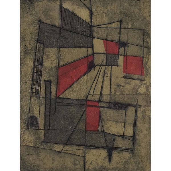 Thomas Brownell Eldred "Untitled," c. 1950, color: Thomas Brownell Eldred (American, 1903-1993) "Untitled," c. 1950, color etching, 6.75" x 5.25", pencil signed lower right, framed