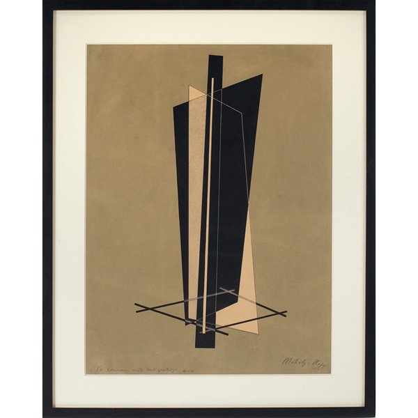 Laszlo Moholy-Nagy "Composition," 1922, color lit: Laszlo Moholy-Nagy (Hungarian, 1895-1946) "Composition," 1922, color lithograph, 22.5" x 16.5", pencil signed and dated lower right, "To Korman with best greetings" inscribed in lower left, Robert Hen