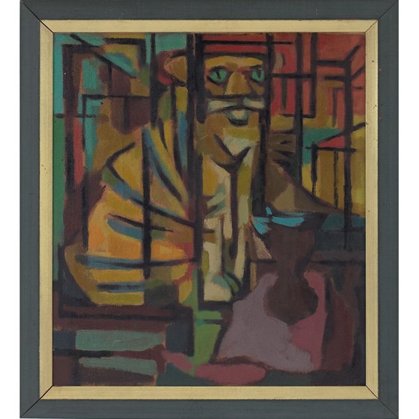 Luis Eric Eades "Cat," c. 1960, oil on canvas boa: Luis Eric Eades (American, b. 1923) "Cat," c. 1960, oil on canvas board, 16" x 14", unsigned, framed