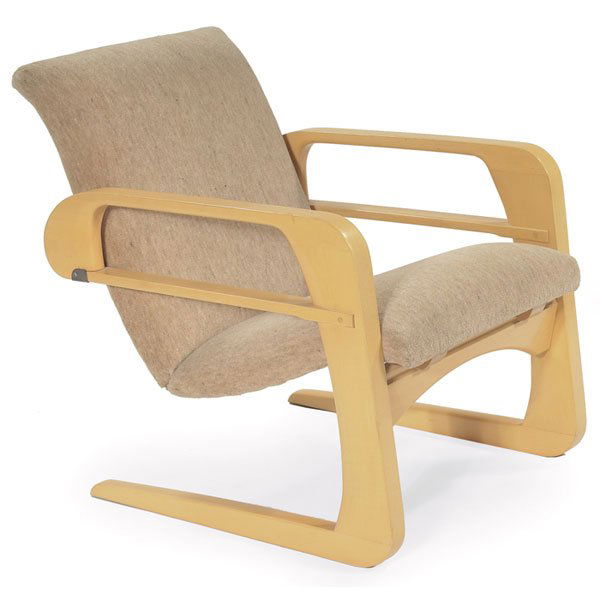 K.E.M. Weber Airline chair, c.1934, by Airline Cha: K.E.M. Weber Airline chair, c.1934, by Airline Chair Co., Los Angeles, produced for the Walt Disney Company's movie projection room, birch frame with steel hinges, adjustable seat with the original le