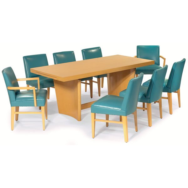 Gilbert Rohde dining set, 1939, by Herman Miller,: Gilbert Rohde dining set, 1939, by Herman Miller, model 3979, from the All Walnut Group, two arm chairs and six side chairs, table with two self-storing leaves that are inserted at the ends of the tab
