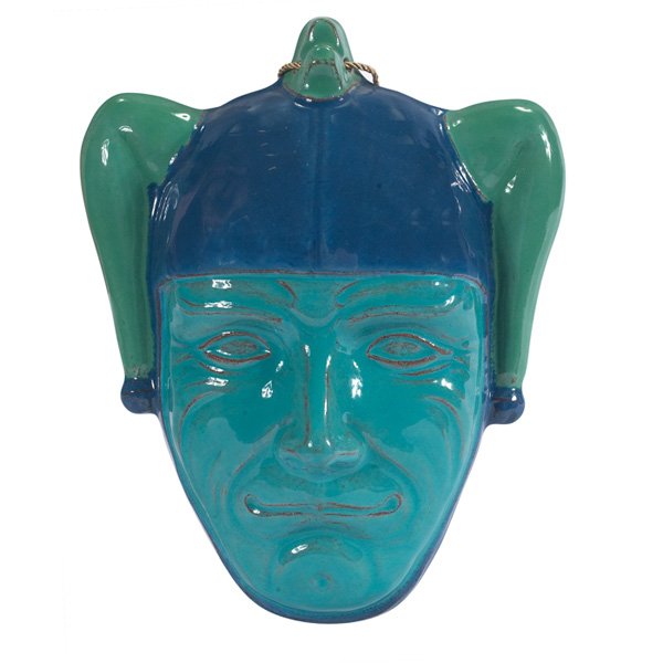 California Faience wall hanging sculpture, attribu: California Faience wall hanging sculpture, attribution, high-glazed stoneware in blue and green, possibly student work, signed with unknown hand-carved mark, 8"w x 10"h, mint condition