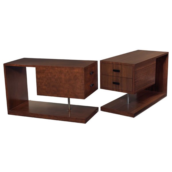 Gilbert Rohde East India Laurel end tables, pair,: Gilbert Rohde East India Laurel end tables, pair, by Herman Miller, model 3461, 1930s, each with two drawers, one tubular metal support, each with a protective glass top (not shown), beautifully refin