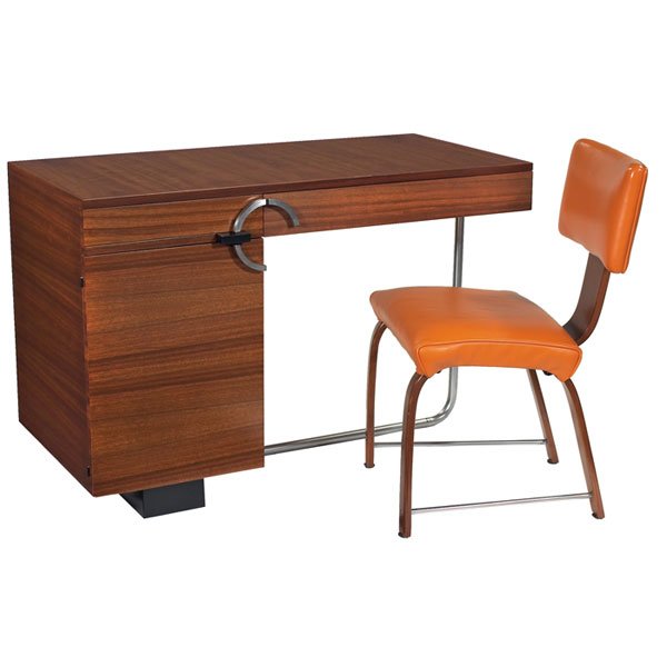 Gilbert Rohde East India Laurel desk and chair, by: Gilbert Rohde East India Laurel desk and chair, by Herman Miller, 1930s, model 3458 desk and 3450 chair, desk with two drawers and one door whose metal pulls form a partial ring, one pull-out work sur