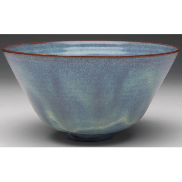 Gertrud and Otto Natzler vase: Exceptional Gertrud and Otto Natzler vase, flaring and footed shape in delicate red clay under a mottled blue-gray and ivory glaze with yellow highlights to interior, signed Natzler, 5.5"w x 2.5"h