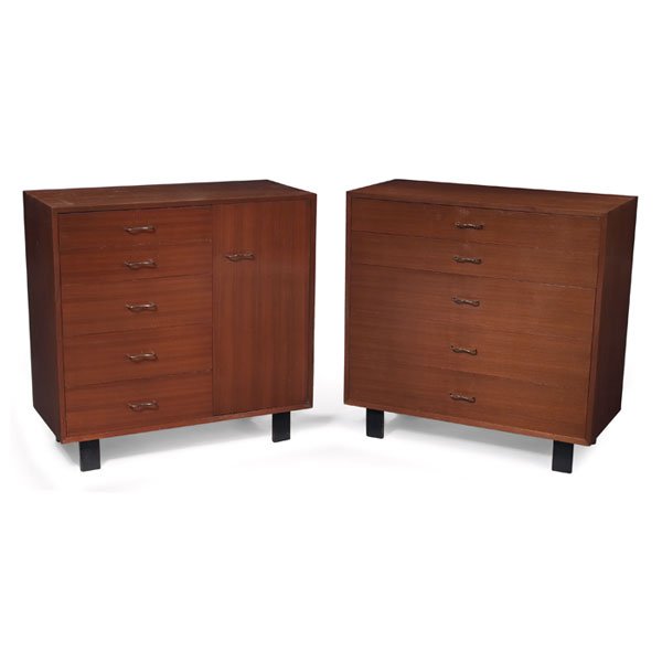 George Nelson Basic Series cabinets, pair, by Herm: George Nelson Basic Series cabinets, pair, by Herman Miller, walnut, each with five drawers with the original pulls, one with a door, model 4620, original finish, each signed with foil label, 40"w x 1