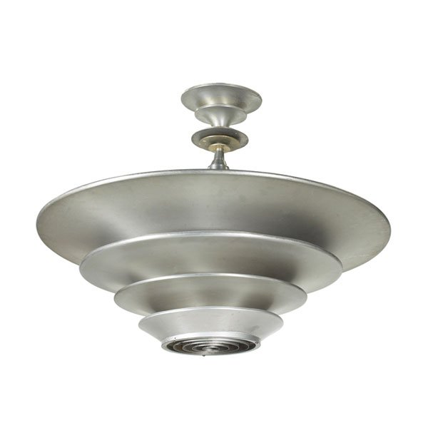 Art Deco ceiling fixture, 1930s: Large Art Deco ceiling fixture, 1930s, shade is composed of tiered aluminum rings, original finish, unsigned, 38"dia x 35"h, slight bends, very good original condition