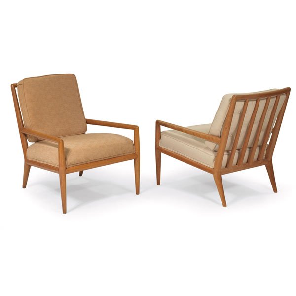 T. H. Robsjohn-Gibbings lounge chairs, pair, by Wi: T. H. Robsjohn-Gibbings lounge chairs, pair, by Widdicomb, rounded frames in bleached walnut, spindle backs, one is reupholstered, one with original finish, one refinished, 26"w x 32"d x 31"h, very go