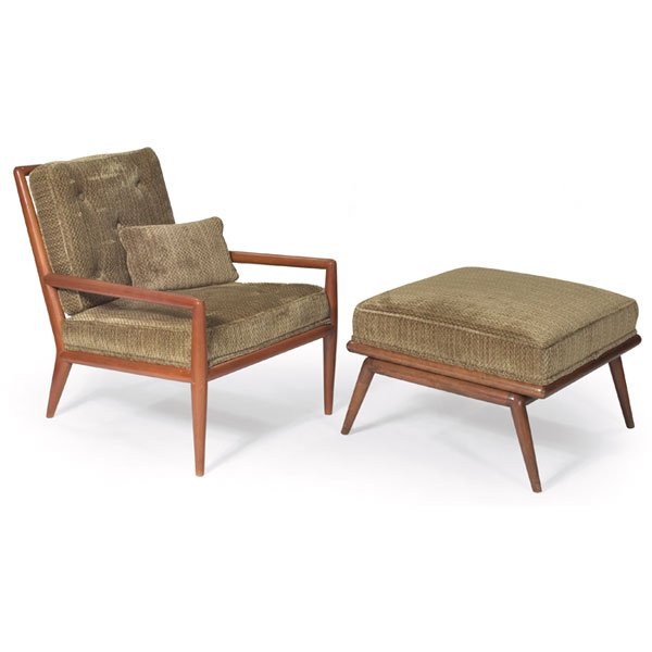 T. H. Robsjohn-Gibbings lounge chair and ottoman,: T. H. Robsjohn-Gibbings lounge chair and ottoman, by Widdicomb, bleached walnut, rounded frames, chair with spindle back, recovered in light green upholstery, original finish, chair: 26"w x 32"d x 31"