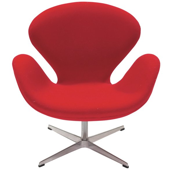 Arne Jacobsen Swan chair, by Fritz Hansen, Denmark: Arne Jacobsen Swan chair, by Fritz Hansen, Denmark, four point base with black slides, red wool upholstery, original finish, signed with Fritz Hansen label, 30"w x 27"d x 30"h, excellent condition