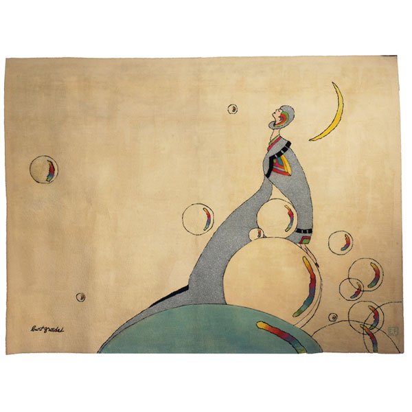 Edward Fields carpet, designed by Burt Groedel, "S: Edward Fields carpet, designed by Burt Groedel, "Serene Highness", 100% virgin wool with carved elements, fantastical colorful figure with bubbles on a cream field, some bubbles are three-dimensional,