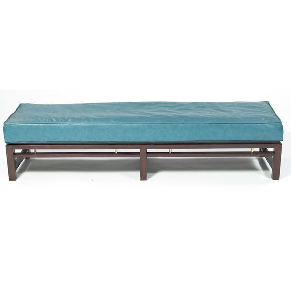 Edward Wormley upholstered bench, by Dunbar, mahog: Edward Wormley upholstered bench, by Dunbar, mahogany frame with brass spacers, light blue vinyl upholstery, original finish, 65"w x 18"d x 14.5"h, very good original condition