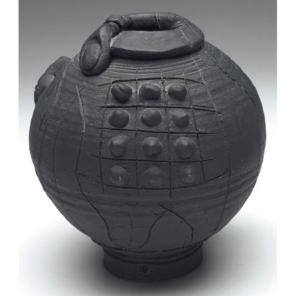 Ted Randall vase, raised and incised designs: Ted Randall vase, bulbous shape with raised and incised designs, signed, 7"w x 7.5"h