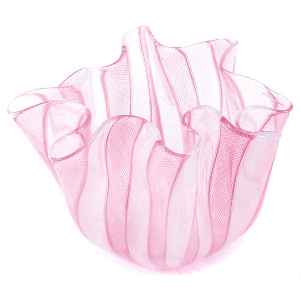 Venini large Handkerchief vase, Murano, Italy: Venini large Handkerchief vase, Murano, Italy, clear glass with fine pink and white lines, signed with three-line acid stamp "venini murano italia", 7"dia x 5.5"h, mint condition