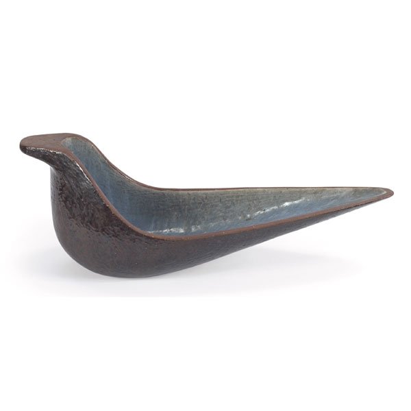 Eugene Deutch bird sculpture, glazed stoneware: Eugene Deutch bird sculpture, glazed stoneware, blue interior, signed "E. Deutch 1954", 17.75"w x 6.25"d x 6.75"h, mint condition