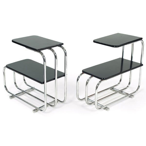 Alfons Bach end tables, pair, by Lloyd, signed: Alfons Bach end tables, pair, by Lloyd, tubular chromed frames, black lacquered wood tops, refinished, one with Lloyd paper label, 11.5"w x 25"d x 23"h, excellent condition
