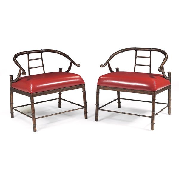 Mastercraft lounge chairs, pair, bamboo-inspired m: Mastercraft lounge chairs, pair, bamboo-inspired metal frames with an antique bronze finish, nicely reupholstered in rust-colored leather, 26"w x 23"d x 29"h, excellent condition
