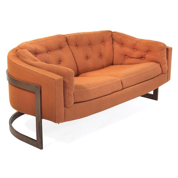 Milo Baughman sofa, retailed by John Stuart Co., b: Milo Baughman sofa, retailed by John Stuart Co., bronze finish, curved frame, original dark orange wool upholstery, original finish, signed with John Stuart cloth label, 60.5"w x 34"d x 28"h, very goo