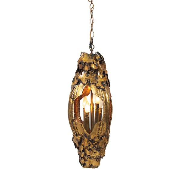 C. Jere-style hanging light, Brutalist-style lante: C. Jere-style hanging light, Brutalist-style lantern with four cutouts, original finish, unsigned, 13"dia, x 28"h, very good original condition