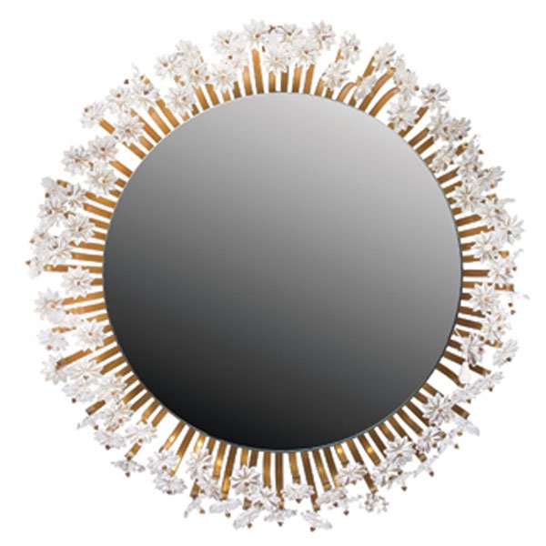 Midcentury lighted mirror, round glass: Midcentury lighted mirror, round glass set away from the wall surrounded by brass arms that support clear plastic florettes, backlit, unsigned, 17"dia x 3.5"d, very good original condition