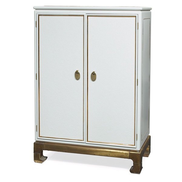 Mastercraft cabinet, brass: Mastercraft cabinet, two doors with the original brass pulls, decorative brass trim, brass base, interior contains three shelves and one drawer, refinished, unsigned, 37"w x 18.5"d x 53"h, excellent c