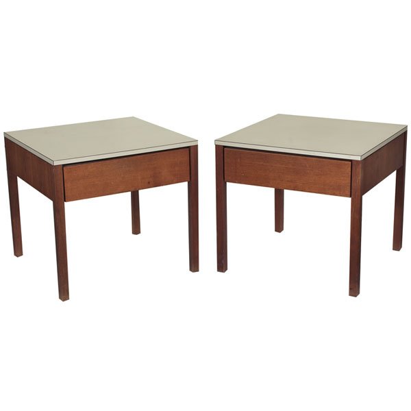 Florence Knoll night stands, pair, by Knoll Associ: Florence Knoll night stands, pair, by Knoll Associates, 1950s, walnut cases with white laminate tops and masonite backs, each with one drawer, original finish, 19.5"w x 19.5"d x 18.25"h, very good ori