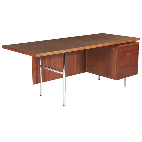George Nelson desk, by Herman Miller, 1960s, walnu: George Nelson desk, by Herman Miller, 1960s, walnut frame with a wood grain-patterned laminate top, two drawers, metal frame, signed with round metal tag, 71"w x 30.5"d x 28"h, very good original cond