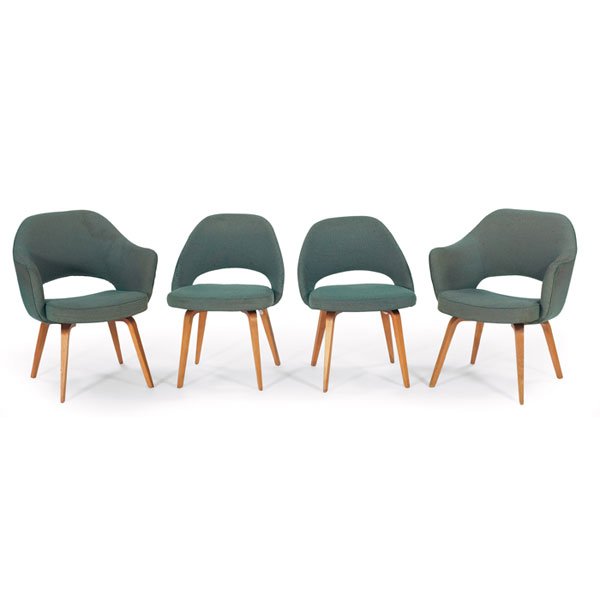 Eero Saarinen dining chairs, four, by Knoll, 1960s: Eero Saarinen dining chairs, four, by Knoll, 1960s, two armchairs and two side chairs, original light blue upholstery, original finish, signed with Knoll Associates labels, 25.5"w x 25.5"d x 31"h, sta