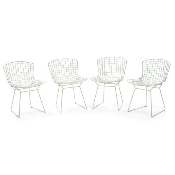 Harry Bertoia dining chairs, four, by Knoll, white: Harry Bertoia dining chairs, four, by Knoll, white wire frames, no seat pads, original finish, 21"w x 22.5"d x 30"h, very good condition