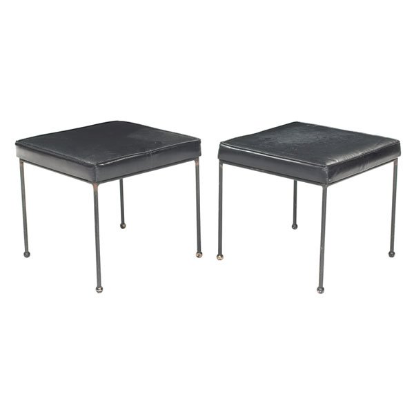 Paul McCobb style stools, pair: Paul McCobb style stools, pair, black rod legs with brass ball feet, black vinyl upholstered seats, a third frame with no cushion is included but not shown, original finish, 16"w x 16"d x 15"h, worn o