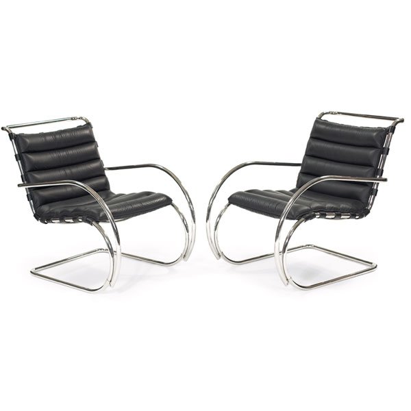 Mies van der Rohe MR arm chairs, pair, by Knoll: Mies van der Rohe MR arm chairs, pair, by Knoll, original black leather cushions, tubular steel frames, each signed with Knoll International label, 25.5"w x 36.5"d x 34"h, excellent condition