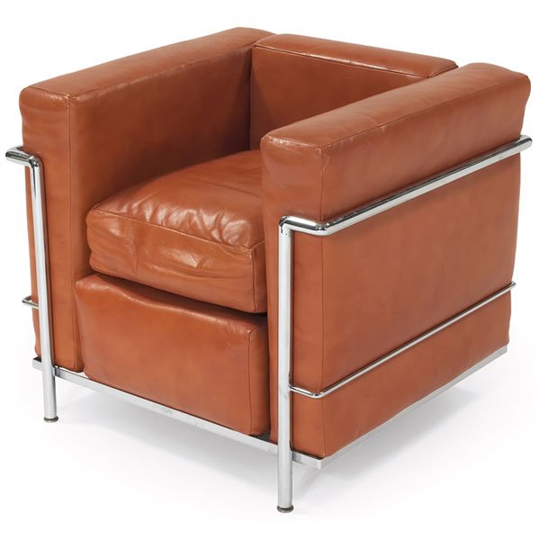 Le Corbusier LC/2 lounge chair, by Cassina, Italy: Le Corbusier LC/2 lounge chair, by Cassina, distributed by Atelier International, made in Italy, original tan leather upholstery, signed with "LC/2 2003" stamp, Cassina label and Atelier International