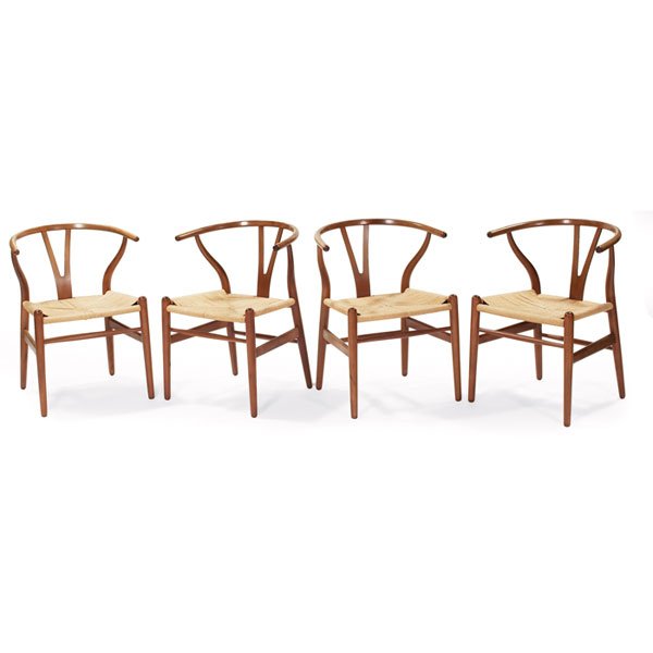 Hans Wegner Wishbone chairs, four, by Carl Hanse: Hans Wegner Wishbone chairs, four, by Carl Hansen, Denmark, beech, original rush seats, original finish, signed with Carl Hansen labels, 20"w x 20"d x 28.5"h, excellent original condition