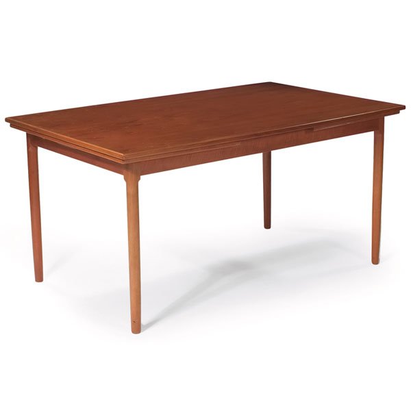 Danish dining table, possibly by Hans Wegner, te: Danish dining table, possibly by Hans Wegner, teak, slight convex curve to edges, oak legs, two 21" leaves, original finish, 58"w x 36"d x 29"h, open: 100.5"w, excellent original condition