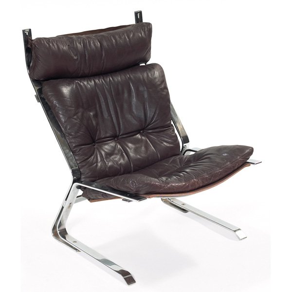 Scandinavian lounge chair, chromed steel frame: Scandinavian lounge chair, chromed steel frame, original dark brown leather upholstery, unsigned, 25"w x 32"d x 35"h, very good original condition