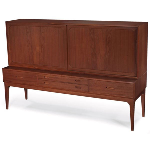 Large Severin Hansen cabinet, teak, Denmark: Large Severin Hansen cabinet, teak, Denmark, two large doors over four drawers, interior consists of shelves and two shallow felt-lined drawers, original finish, 75"w x 21"d x 49"h, very good original