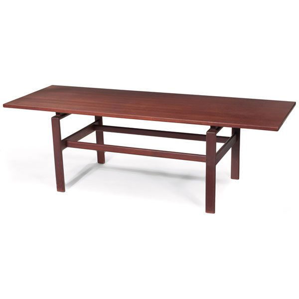 Omann Jun coffee table, attribution, Denmark, tea: Omann Jun coffee table, attribution, Denmark, teak, rectangular top "floats" over an architectural base, refinished, 68.75"w x 24"d x 22"h, very good condition