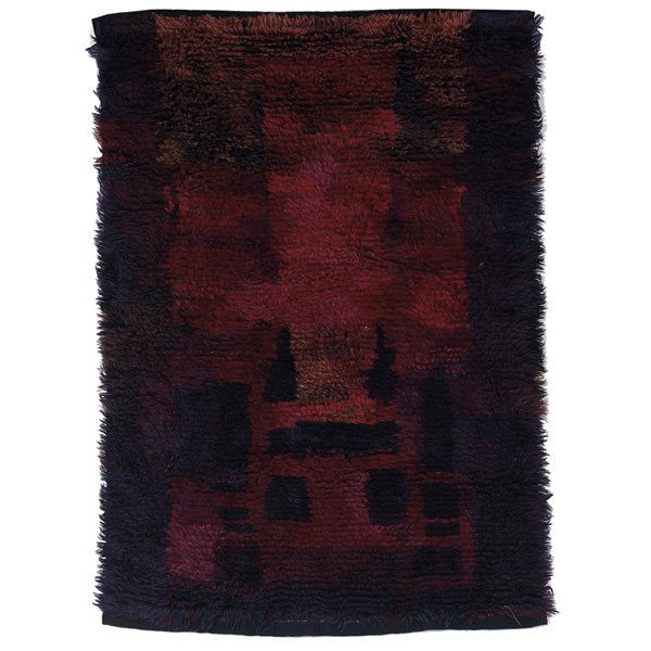 Ritva Puotila rug, for Friends of Finnish Handicr: Ritva Puotila rug, for Friends of Finnish Handicraft, Helsinki, Finland, 100% wool, dark shades of blue and purple with red accents, handmade, labeled "Metsassa Mattaalla Ritva Puotila Suomen Kasityon