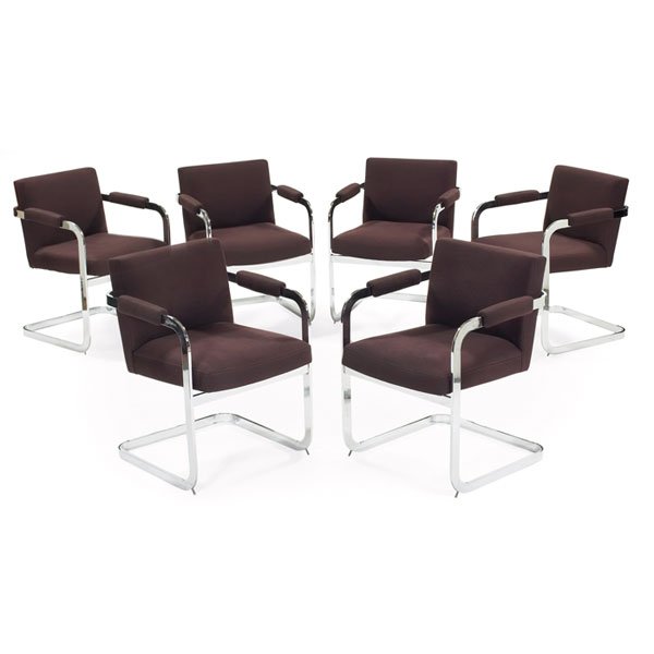 Milo Baughman armchairs, attribution, set of six,: Milo Baughman armchairs, attribution, set of six, curved polished metal frames, original dark brown upholstery, unsigned, 24"w x 24"d x 31"h, very good condition