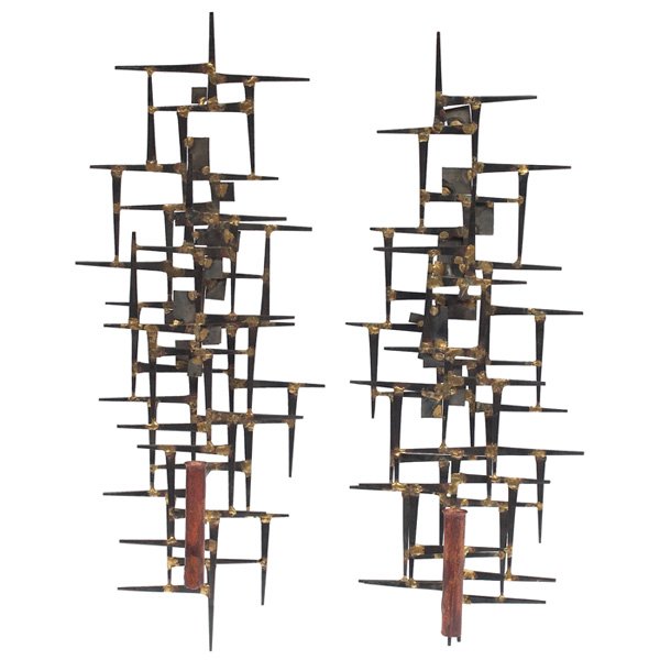 William Bowie sconces, attribution, USA, 1960s: William Bowie sconces, attribution, USA, 1960s, masonry nail construction, each with one candleholder/vase, unsigned, 7.75"w x 20.5"h, very good condition