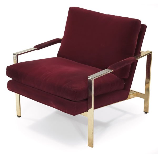 Milo Baughman lounge chair, metal frame with bras: Milo Baughman lounge chair, metal frame with brass finish, red corduroy upholstery, 28.5"w x 30.5"d x 28"h, wear to plating on armrests, good original condition