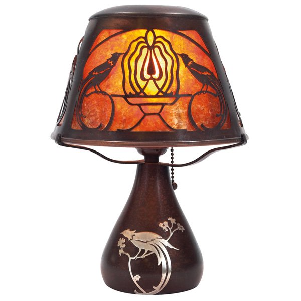 Heintz boudoir lamp, Bird of Paradise, mica, silver: Heintz boudoir lamp, Bird of Paradise motif with mica shade on a silver overlay base, base signed with paper label, replaced mica, original patina, replaced mica, 8.5"dia x 11.5"h, very good condition